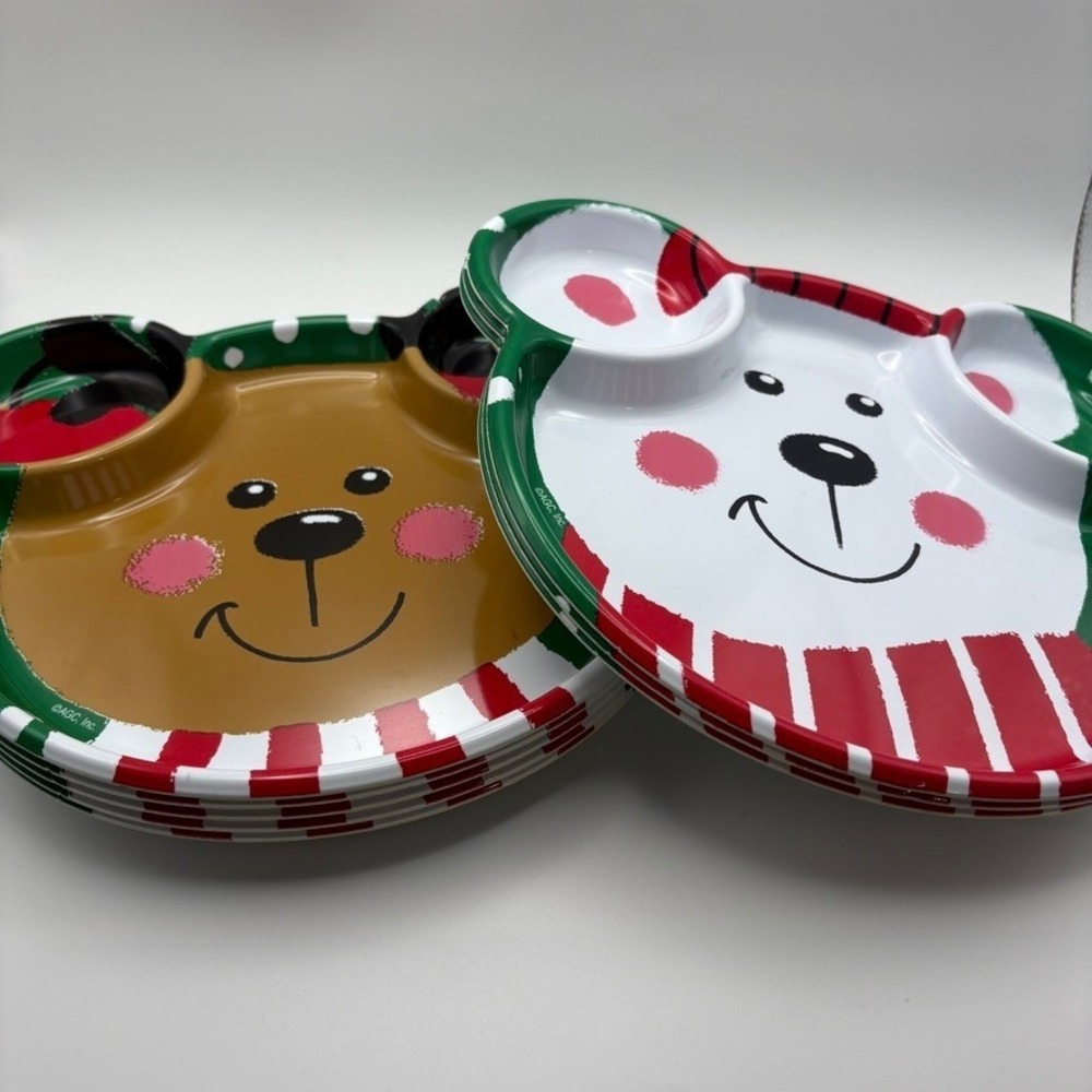 Vintage Kmart Christmas Bear Divided Plates Set Melamine Holiday Trays AGC Inc